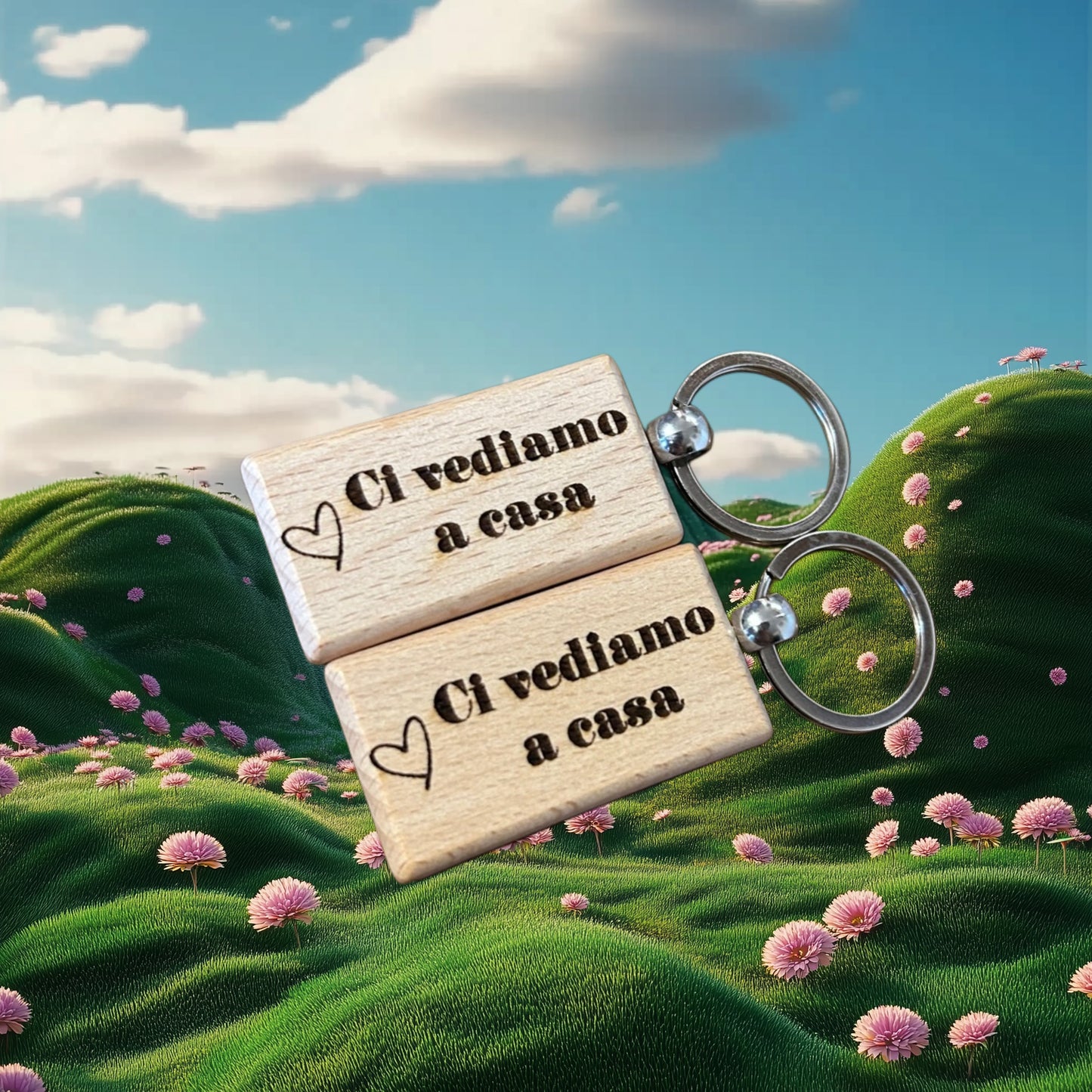 Coppia di portachiavi incisi personalizzabili (Ci vediamo a casa)