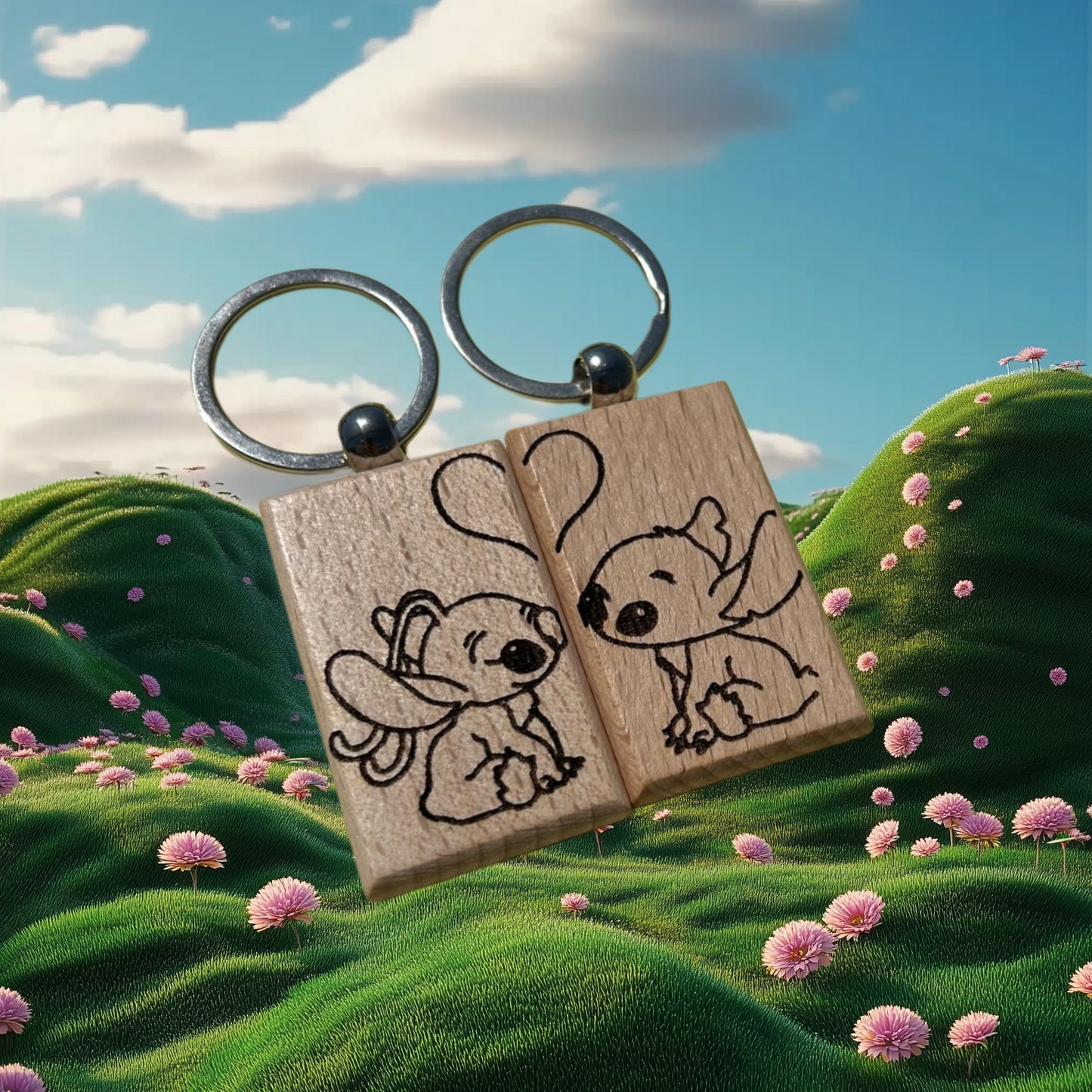 Coppia di portachiavi incisi personalizzabili (Stitch e Angel)